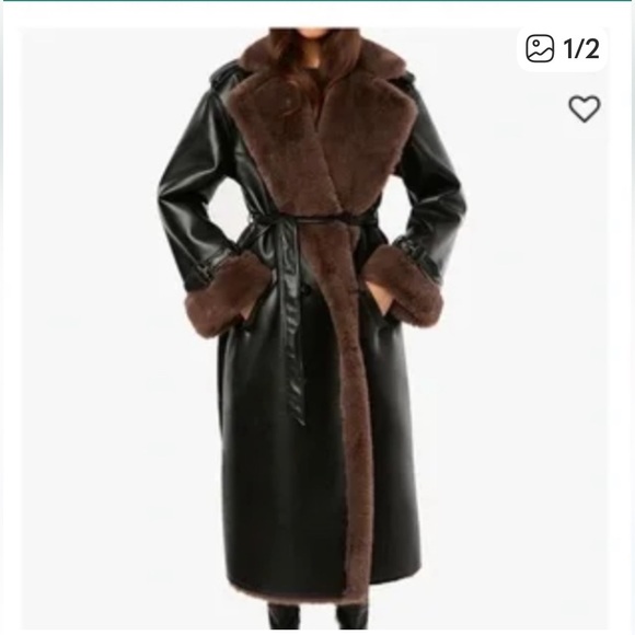 who wore what Jackets & Blazers - Black Faux Leather Trench Coat with Brown Faux Fur Trim small